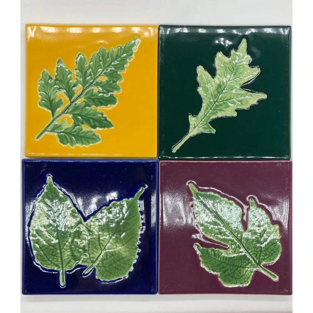 Linens n Things Ceramic Leaf Coaster Set 4 Jewel Tone Embossed Botanical Square